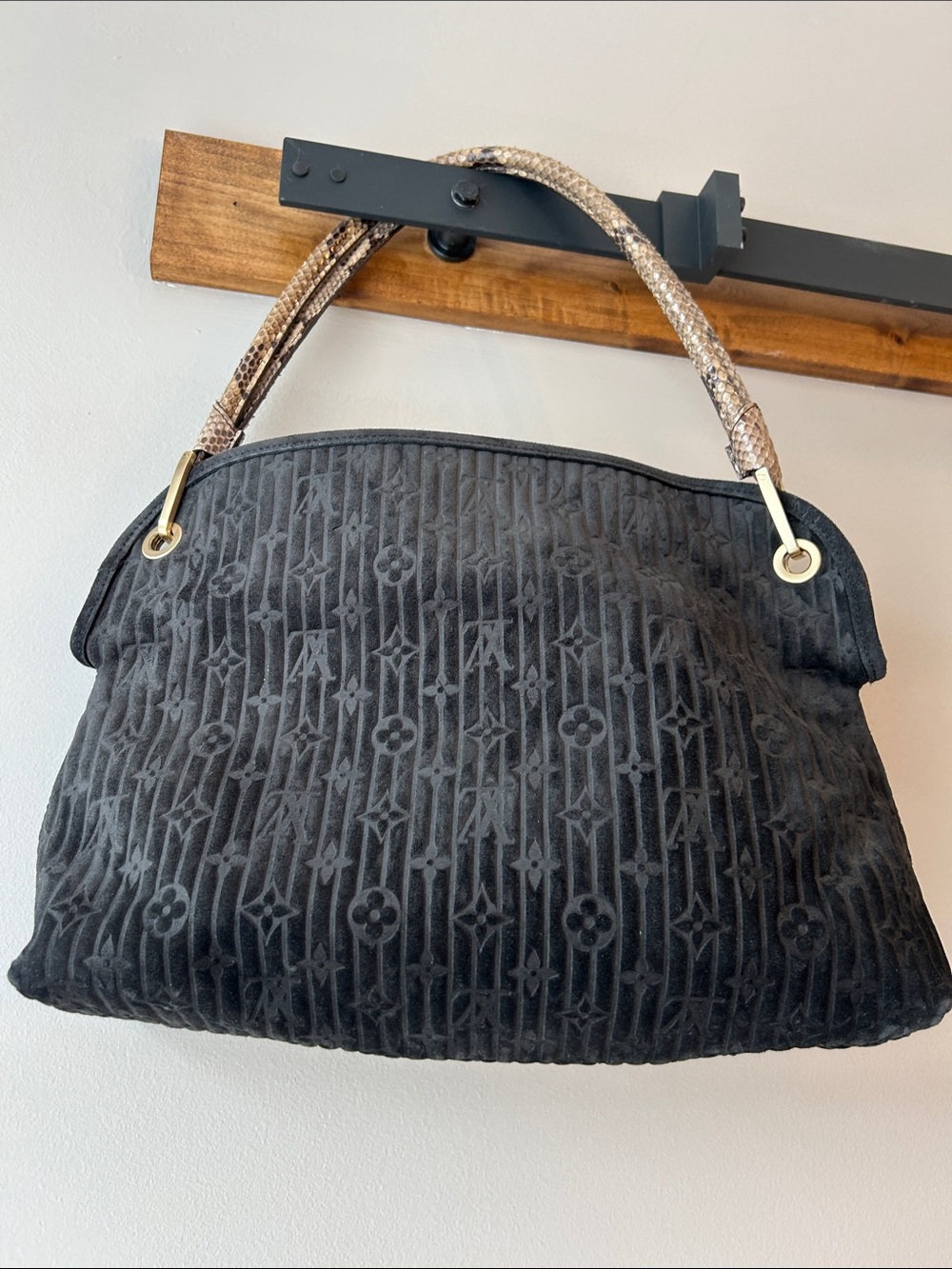Louis Vuitton Black Monogram Velvet Shoulder Bag with Snakeskin Handle - Picture 3 of 6